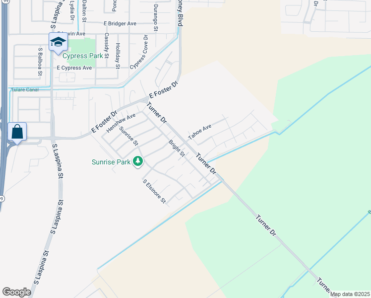 map of restaurants, bars, coffee shops, grocery stores, and more near 3006 Bright Street in Tulare