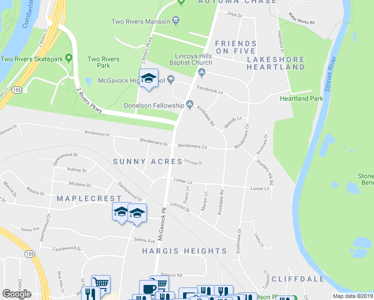 map of restaurants, bars, coffee shops, grocery stores, and more near 3114 Windemere Circle in Nashville