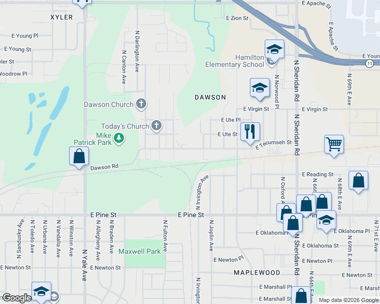 map of restaurants, bars, coffee shops, grocery stores, and more near 5716 East Tecumseh Street in Tulsa