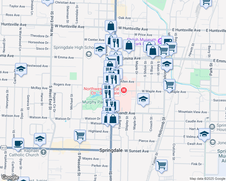 map of restaurants, bars, coffee shops, grocery stores, and more near S Thompson St & Maple Ave in Springdale