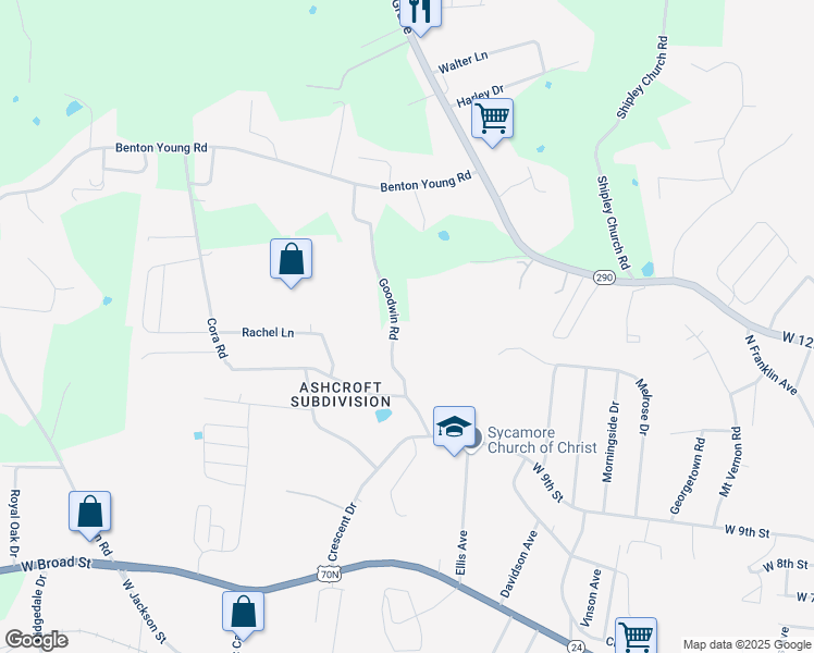 map of restaurants, bars, coffee shops, grocery stores, and more near 1017 Goodwin Road in Cookeville