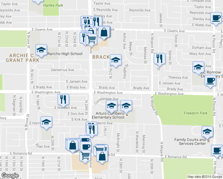 map of restaurants, bars, coffee shops, grocery stores, and more near 2712 East Brady Avenue in Las Vegas