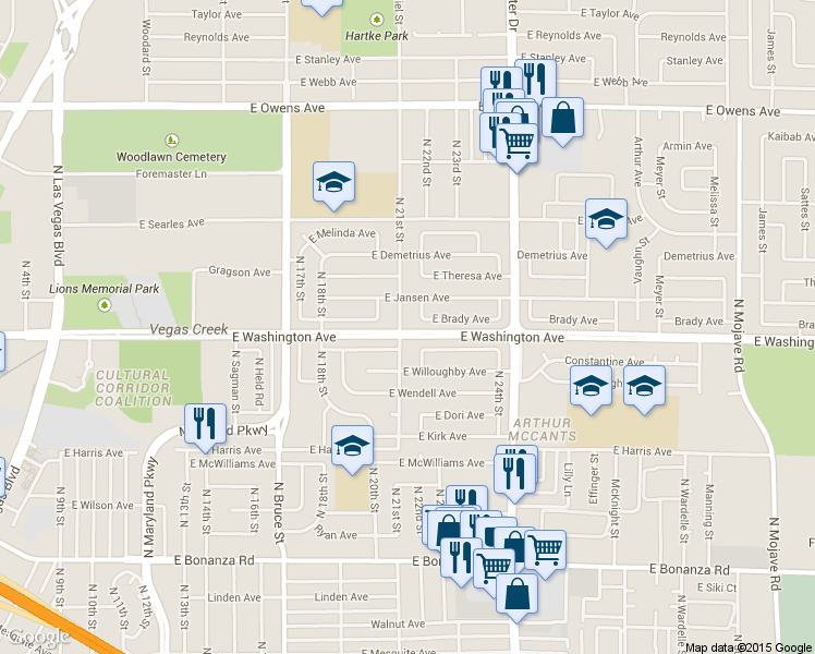 map of restaurants, bars, coffee shops, grocery stores, and more near 900 North 21st Street in Las Vegas