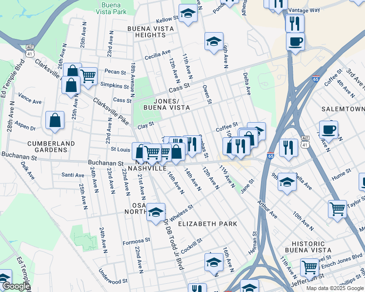 map of restaurants, bars, coffee shops, grocery stores, and more near 1818 14th Avenue in Nashville