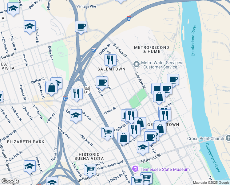 map of restaurants, bars, coffee shops, grocery stores, and more near 1624B 6th Avenue North in Nashville