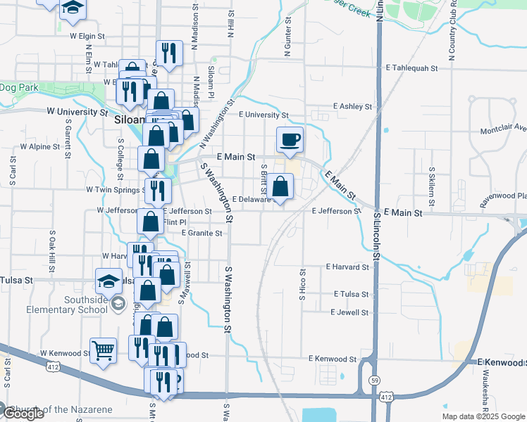 map of restaurants, bars, coffee shops, grocery stores, and more near East Jefferson Street in Siloam Springs