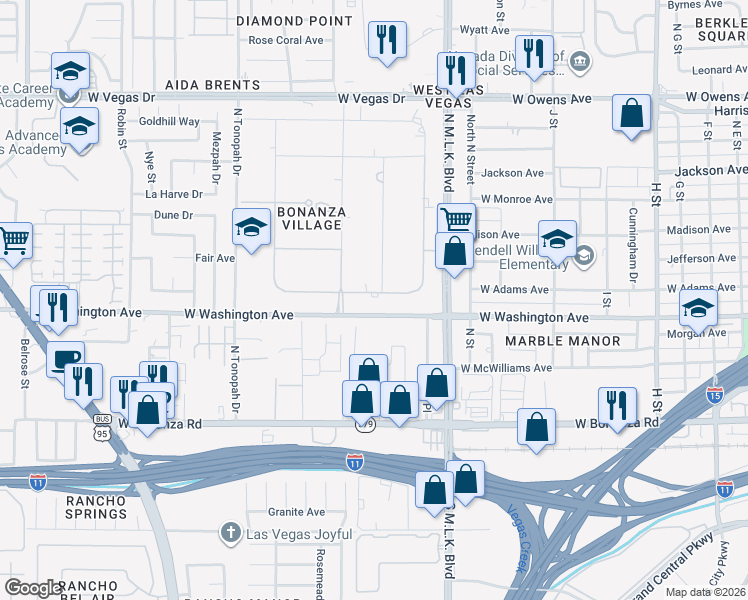 map of restaurants, bars, coffee shops, grocery stores, and more near 1801 Ophir Drive in Las Vegas