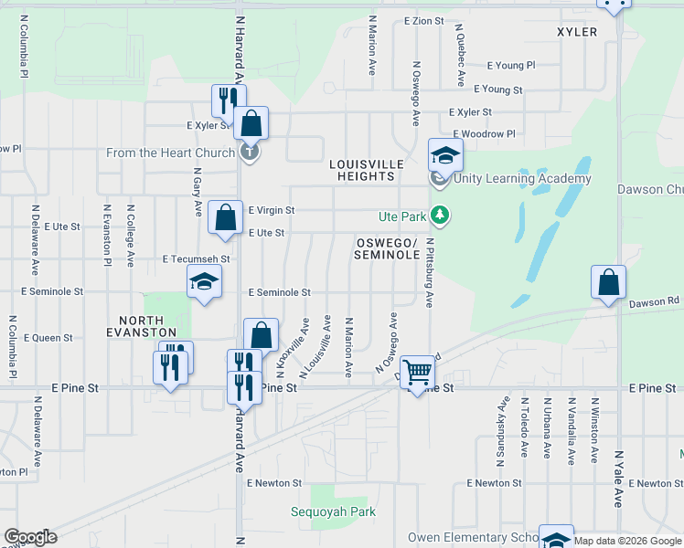 map of restaurants, bars, coffee shops, grocery stores, and more near 1820 N Marion Ave in Tulsa