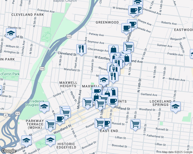 map of restaurants, bars, coffee shops, grocery stores, and more near 1008 Mansfield Street in Nashville