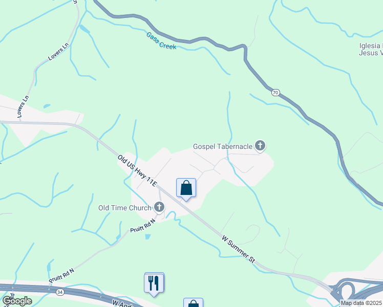 map of restaurants, bars, coffee shops, grocery stores, and more near 107 Rocky Top in Greeneville