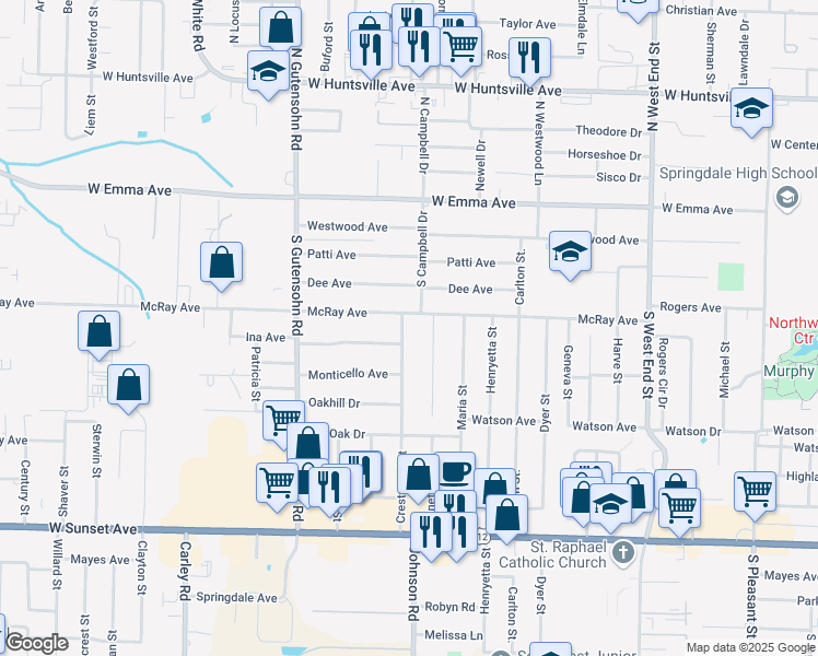 map of restaurants, bars, coffee shops, grocery stores, and more near 403 Crestwood Street in Springdale