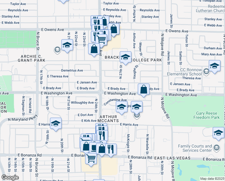 map of restaurants, bars, coffee shops, grocery stores, and more near 2624 East Brady Avenue in Las Vegas