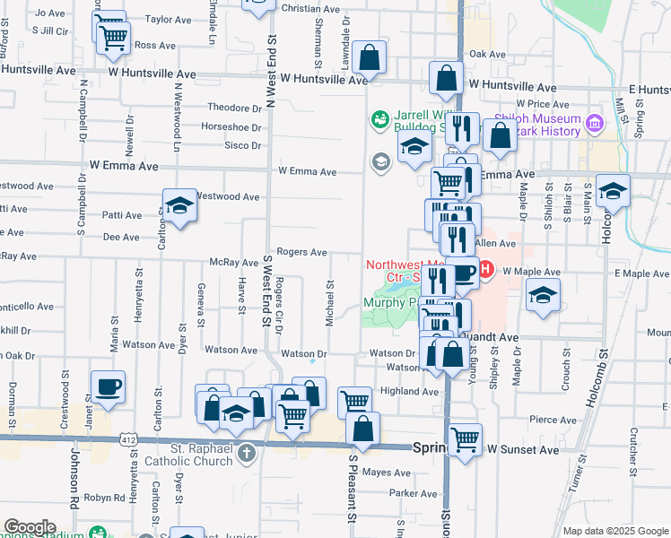 map of restaurants, bars, coffee shops, grocery stores, and more near 301 Michael Street in Springdale