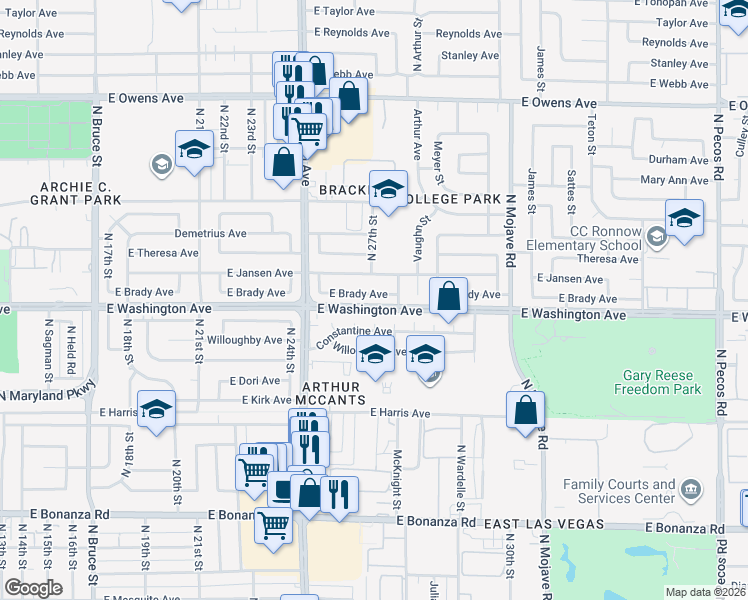 map of restaurants, bars, coffee shops, grocery stores, and more near 2712 East Brady Avenue in Las Vegas