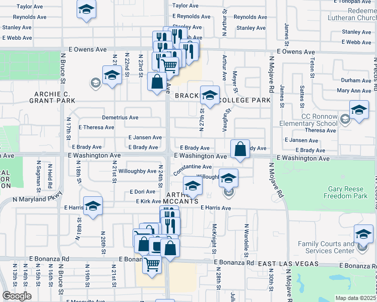 map of restaurants, bars, coffee shops, grocery stores, and more near 2624 East Brady Avenue in Las Vegas