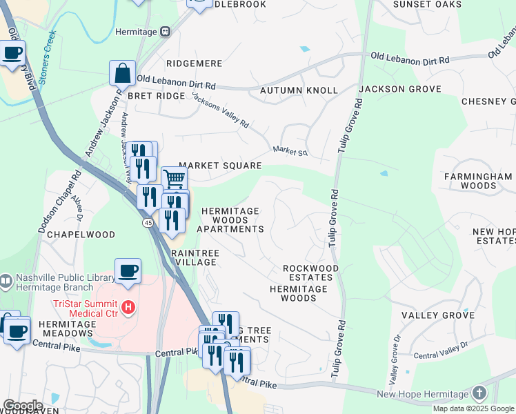 map of restaurants, bars, coffee shops, grocery stores, and more near 737 Margaret Robertson Drive in Nashville