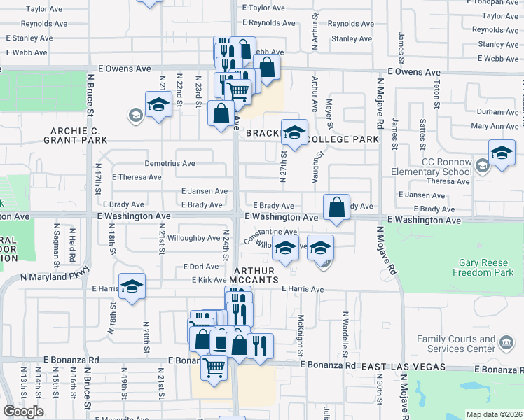 map of restaurants, bars, coffee shops, grocery stores, and more near 2620 East Brady Avenue in Las Vegas