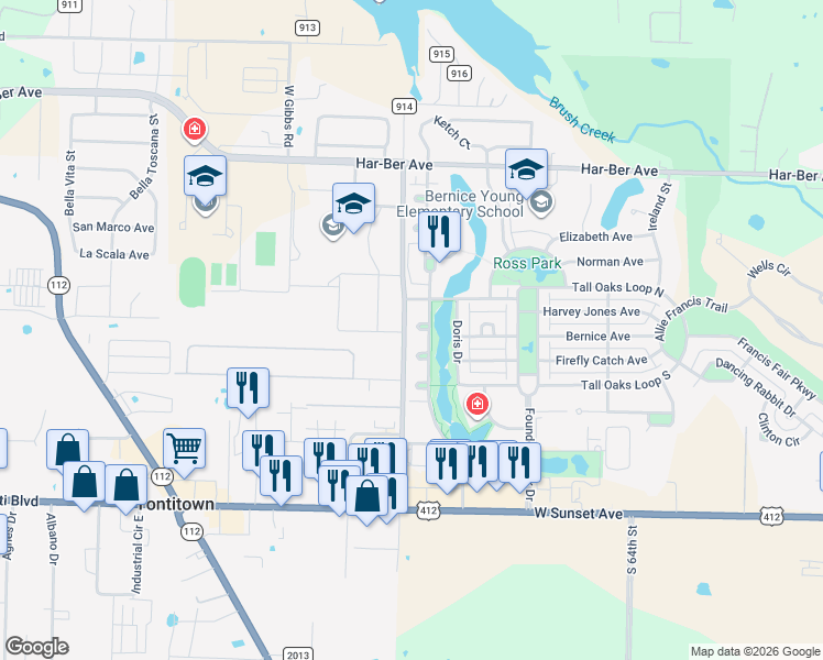 map of restaurants, bars, coffee shops, grocery stores, and more near 7165 Floy Court in Springdale