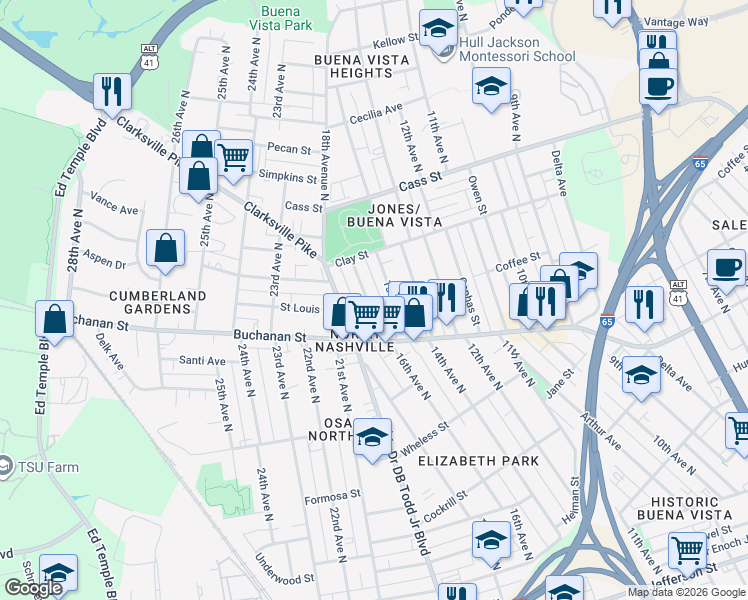 map of restaurants, bars, coffee shops, grocery stores, and more near 1903 15th Avenue North in Nashville