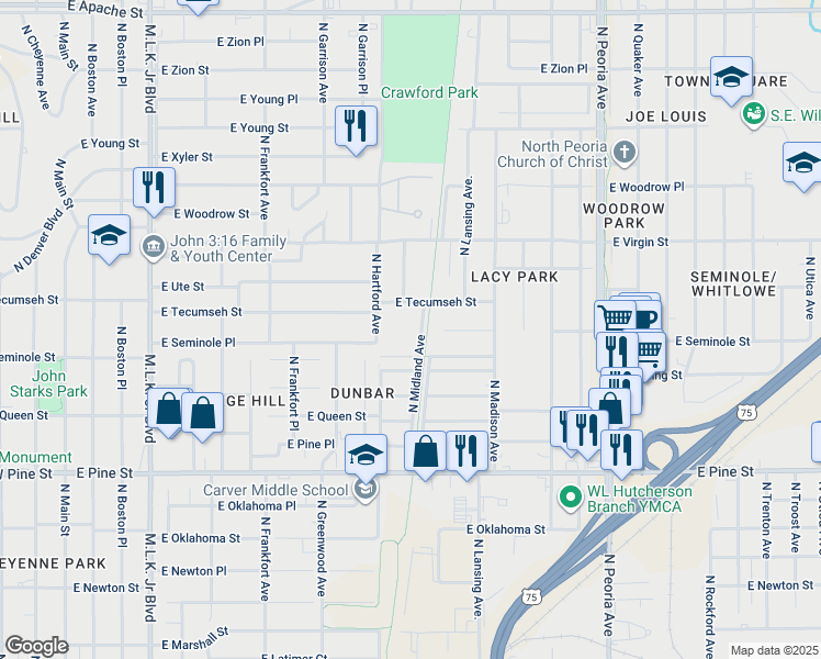 map of restaurants, bars, coffee shops, grocery stores, and more near 1820 North Midland Avenue in Tulsa