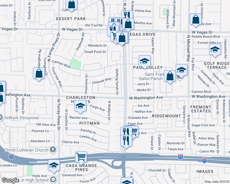map of restaurants, bars, coffee shops, grocery stores, and more near 6104 Warm River Road in Las Vegas