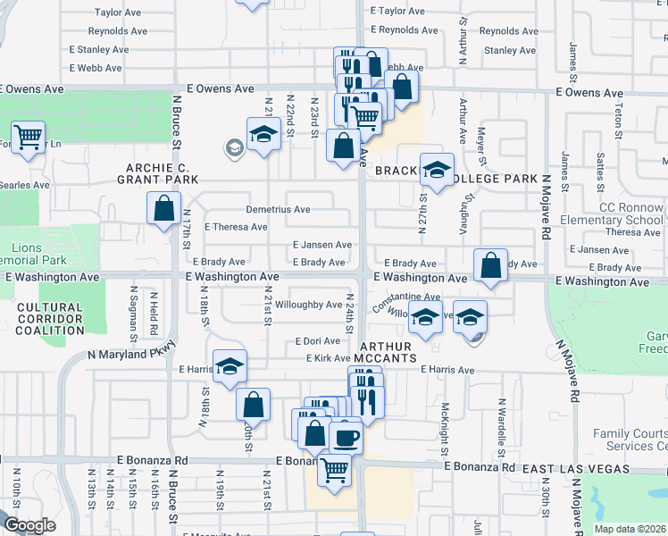 map of restaurants, bars, coffee shops, grocery stores, and more near 2312 East Brady Avenue in Las Vegas