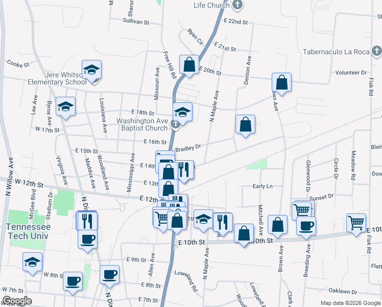 map of restaurants, bars, coffee shops, grocery stores, and more near 501 Bradley Dr in Cookeville