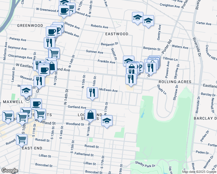 map of restaurants, bars, coffee shops, grocery stores, and more near 502 North 17th Street in Nashville