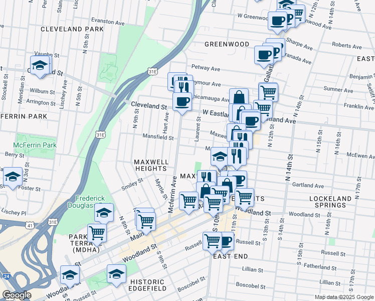 map of restaurants, bars, coffee shops, grocery stores, and more near 942 Mansfield Avenue in Nashville