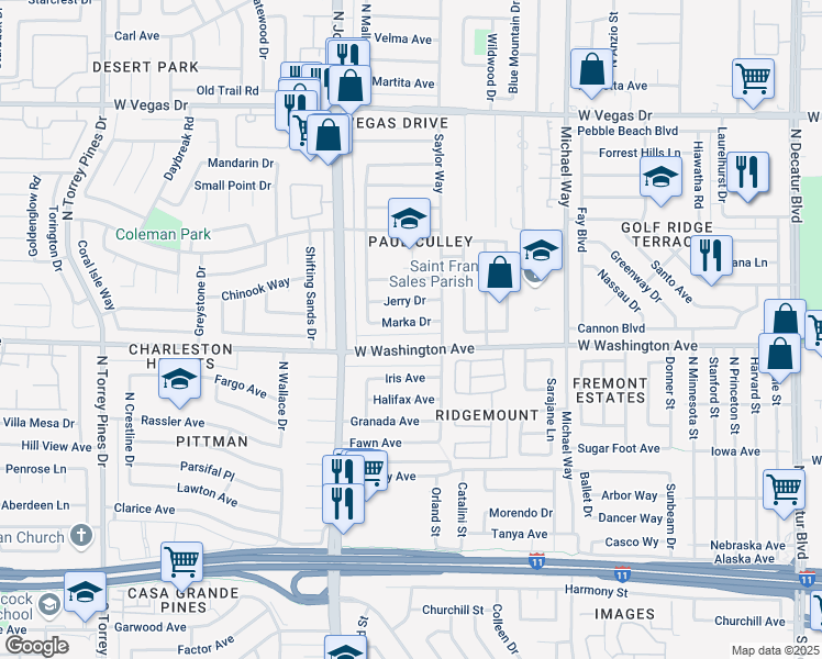map of restaurants, bars, coffee shops, grocery stores, and more near 5821 Marka Drive in Las Vegas
