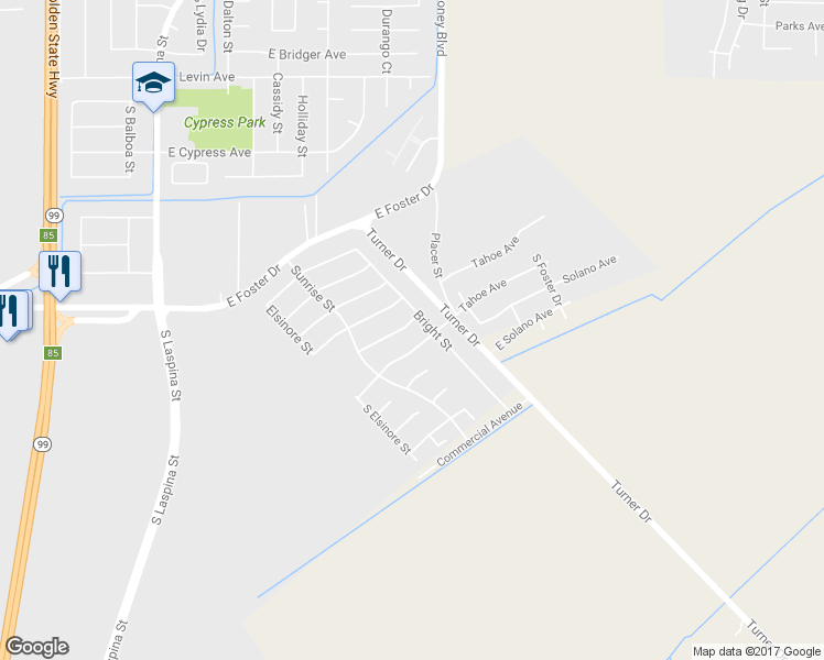 map of restaurants, bars, coffee shops, grocery stores, and more near 1975 Bass Lake Avenue in Tulare