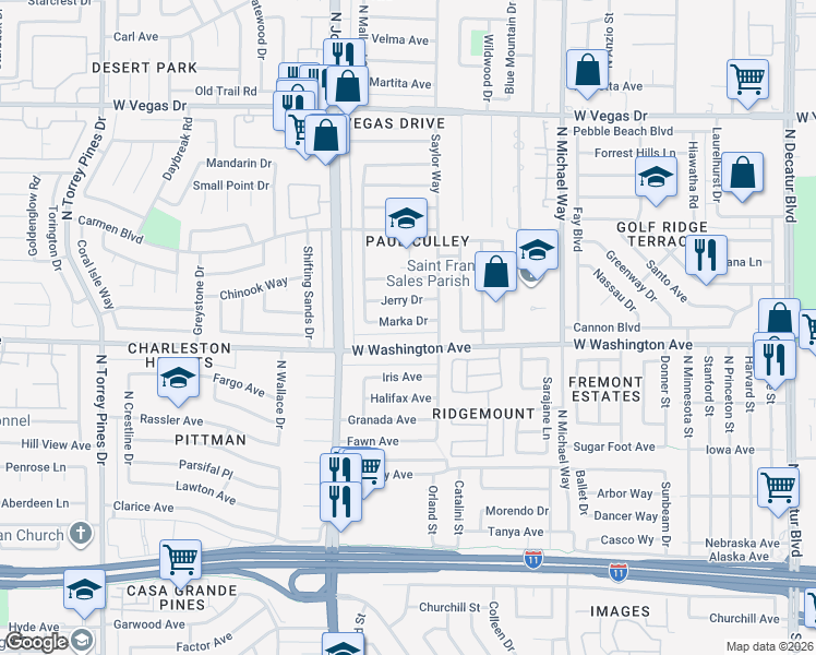 map of restaurants, bars, coffee shops, grocery stores, and more near 5821 Marka Drive in Las Vegas