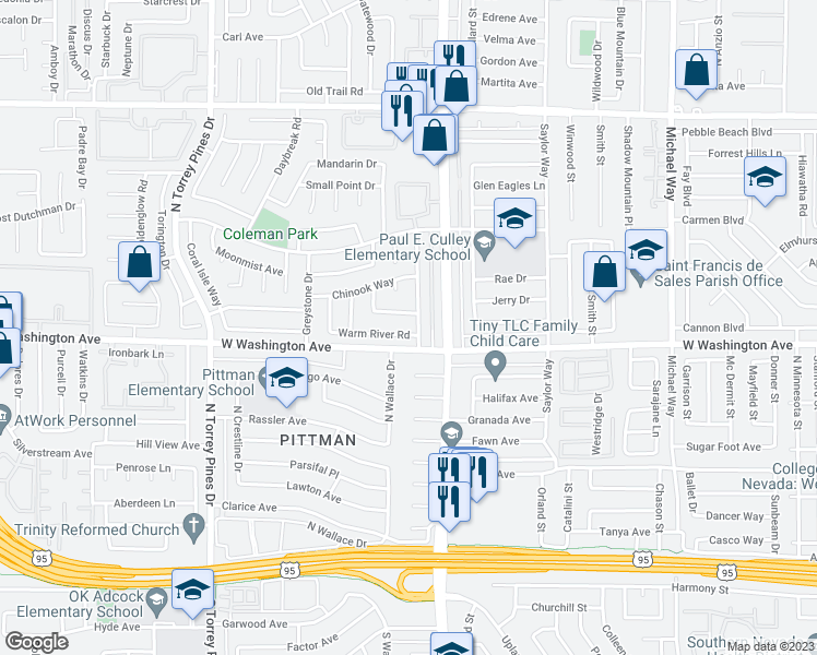 map of restaurants, bars, coffee shops, grocery stores, and more near 6104 Warm River Road in Las Vegas
