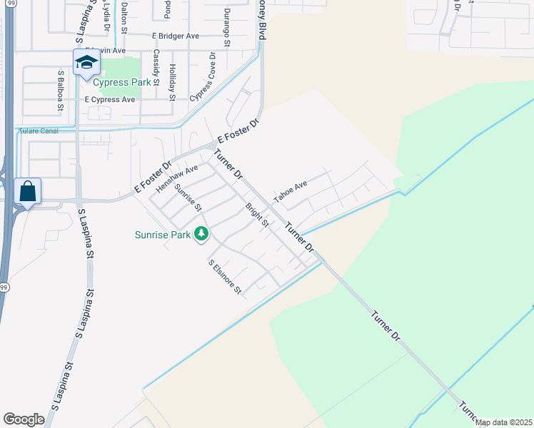 map of restaurants, bars, coffee shops, grocery stores, and more near 3006 Bright Street in Tulare