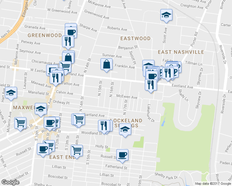 map of restaurants, bars, coffee shops, grocery stores, and more near 1607 McEwen Avenue in Nashville
