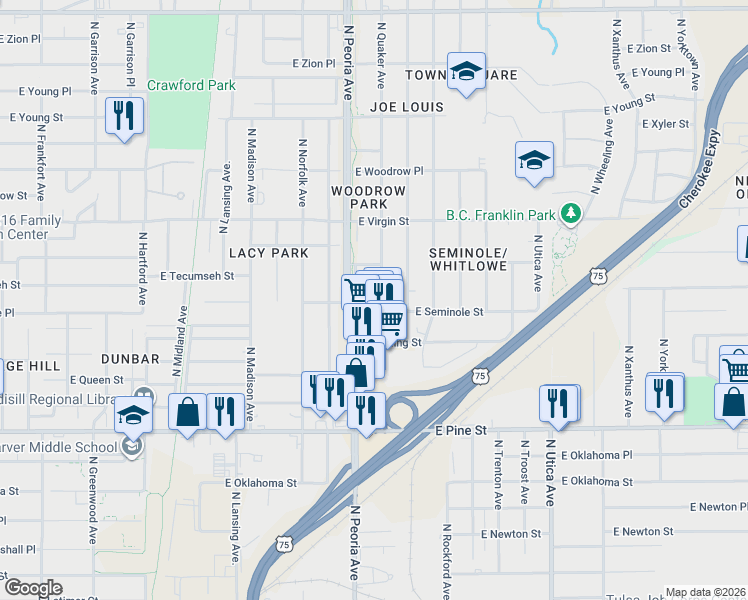 map of restaurants, bars, coffee shops, grocery stores, and more near 1816 North Quaker Avenue in Tulsa