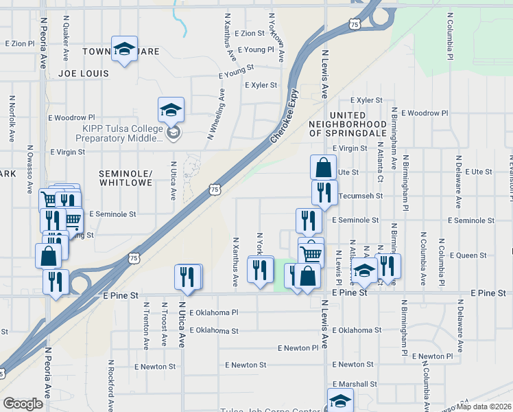 map of restaurants, bars, coffee shops, grocery stores, and more near 1812 North Yorktown Avenue in Tulsa
