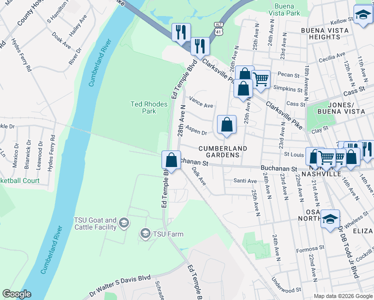 map of restaurants, bars, coffee shops, grocery stores, and more near 1804 28th Avenue North in Nashville