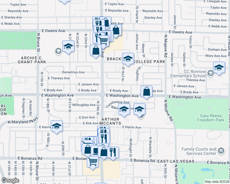 map of restaurants, bars, coffee shops, grocery stores, and more near 2620 East Brady Avenue in Las Vegas