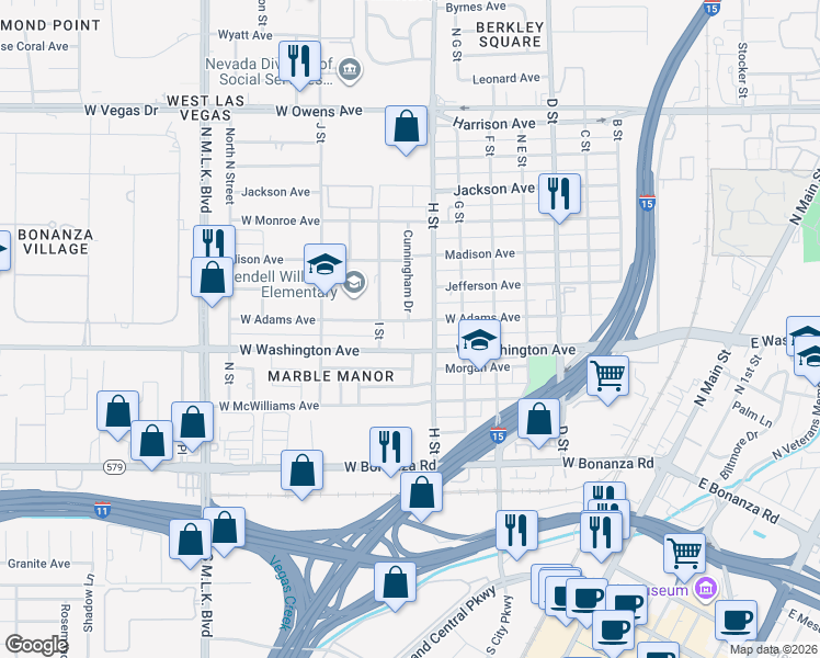 map of restaurants, bars, coffee shops, grocery stores, and more near 905 West Adams Avenue in Las Vegas