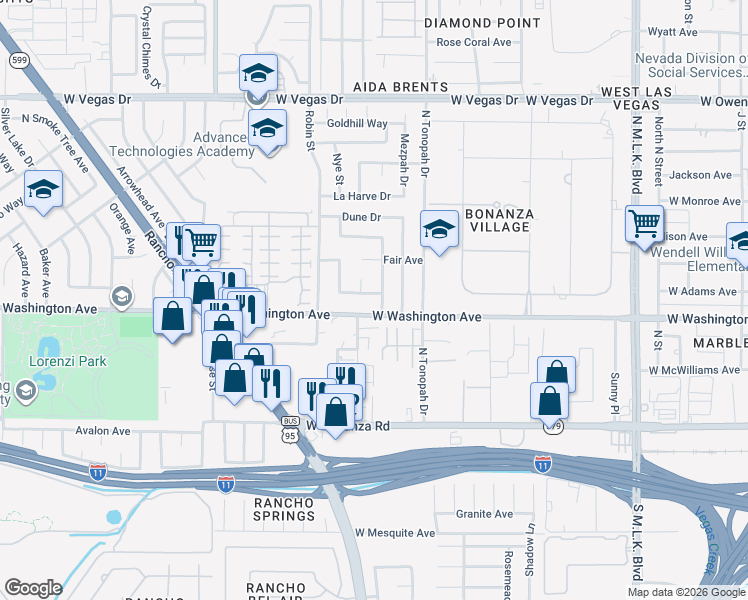 map of restaurants, bars, coffee shops, grocery stores, and more near 904 Maenpah Street in Las Vegas