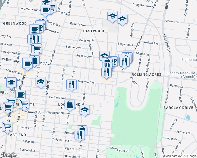 map of restaurants, bars, coffee shops, grocery stores, and more near 506 North 18th Street in Nashville