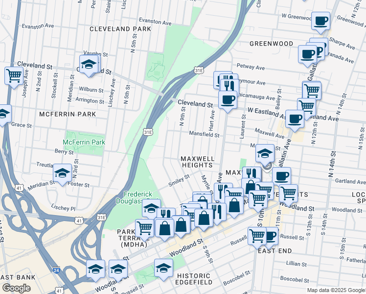 map of restaurants, bars, coffee shops, grocery stores, and more near 613 North 9th Street in Nashville