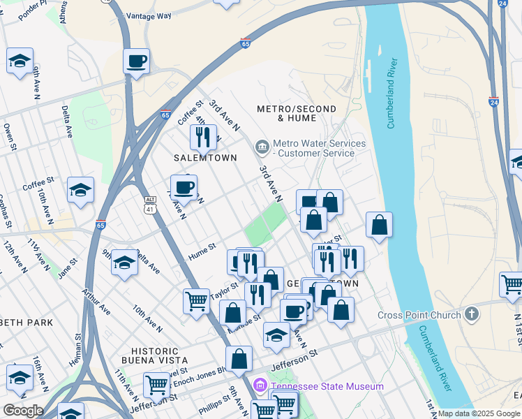 map of restaurants, bars, coffee shops, grocery stores, and more near 1600 4th Avenue North in Nashville