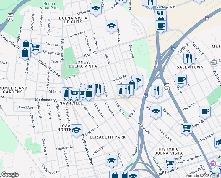 map of restaurants, bars, coffee shops, grocery stores, and more near 1823 11th Avenue North in Nashville