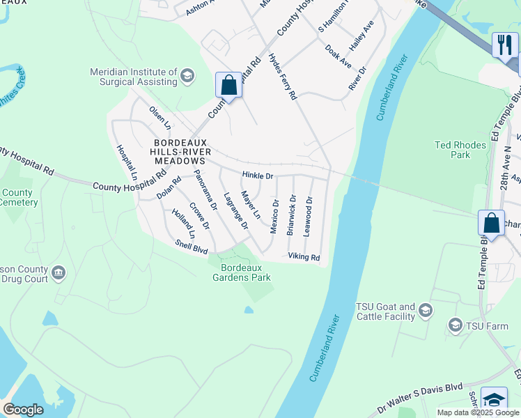 map of restaurants, bars, coffee shops, grocery stores, and more near 3214 Mayer Lane in Nashville