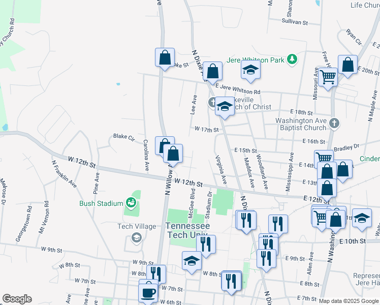 map of restaurants, bars, coffee shops, grocery stores, and more near 105 West 14th Street in Cookeville
