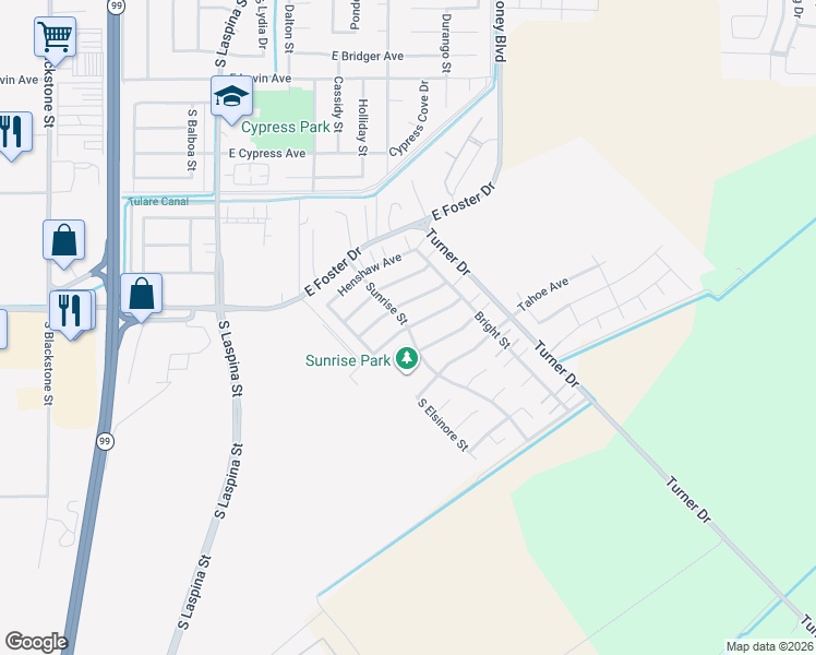 map of restaurants, bars, coffee shops, grocery stores, and more near Sunrise Street & Shaver Lake Avenue in Tulare