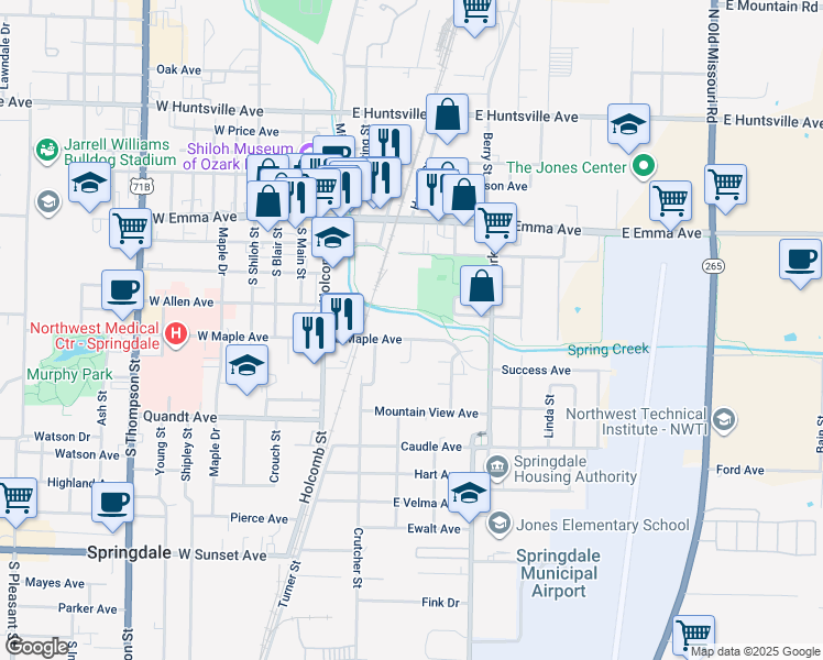 map of restaurants, bars, coffee shops, grocery stores, and more near 406 East Maple Avenue in Springdale