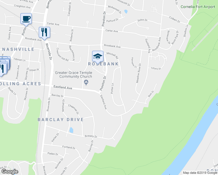 map of restaurants, bars, coffee shops, grocery stores, and more near 912 Potter Lane in Nashville